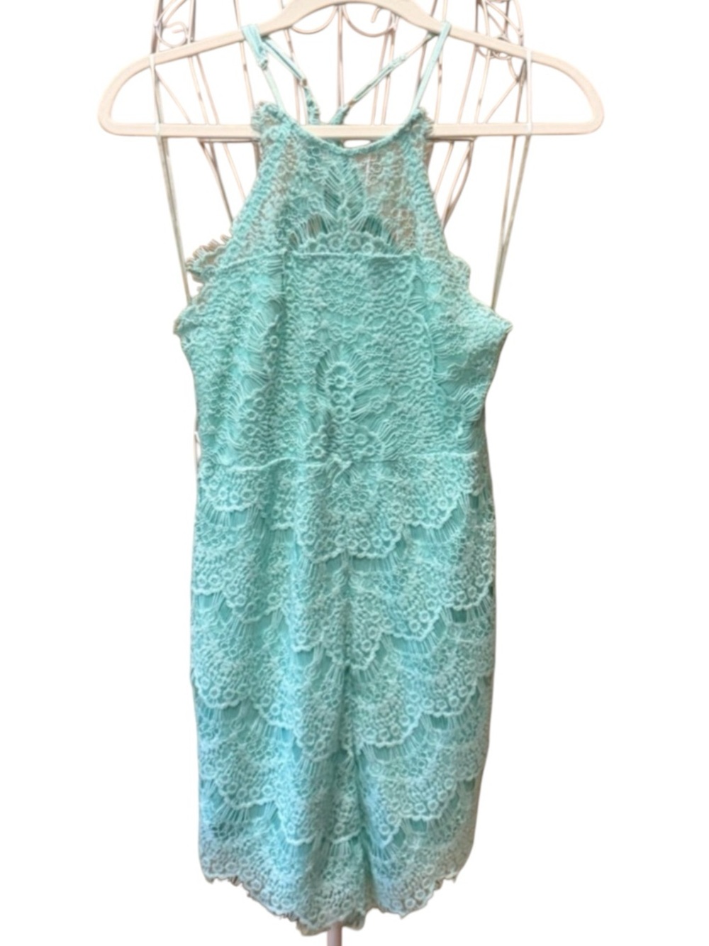 Free People Lace Mini Dress Mint Aqua Halter Scallop Hem XS